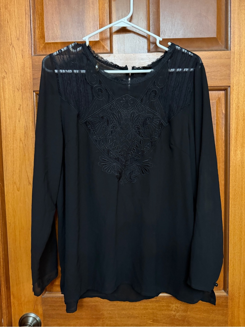 Zenobia 2XL Plus Black Lace Sheer Embroidered Round Neck Button Blouse